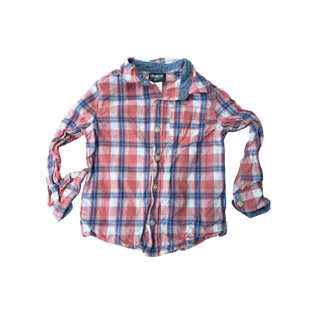 OshKosh Bgosh Toddler Boys Red Blue Plaid Long Sleeve Button Down Shirt 4T